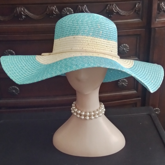 Turquoise Wide Brim Floppy Summer Hat Beach Church Reception Party Brunch NWT - Picture 4 of 9